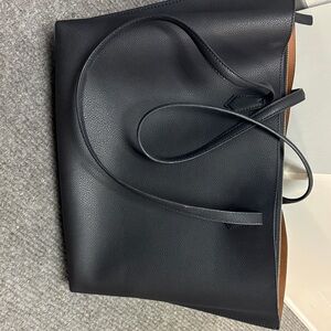Quince Black Leather Tote with Tan Interior Accent